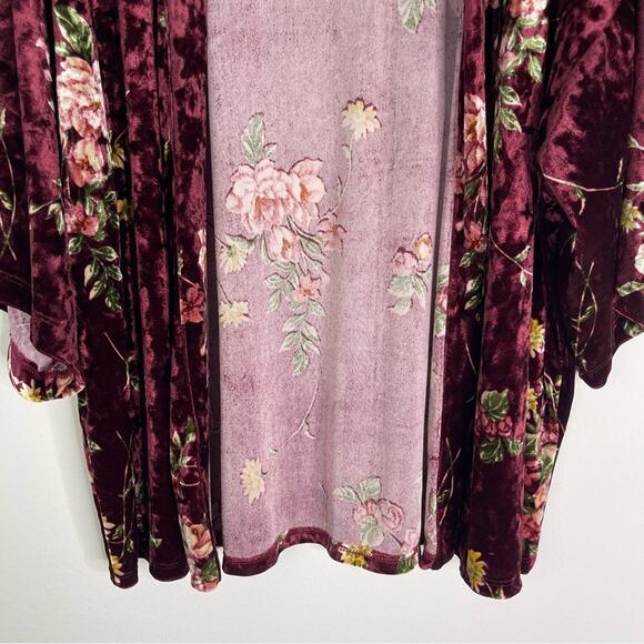 Mixed Threads burgundy red floral velvet open kimono cardigan medium - Picture 3 of 7